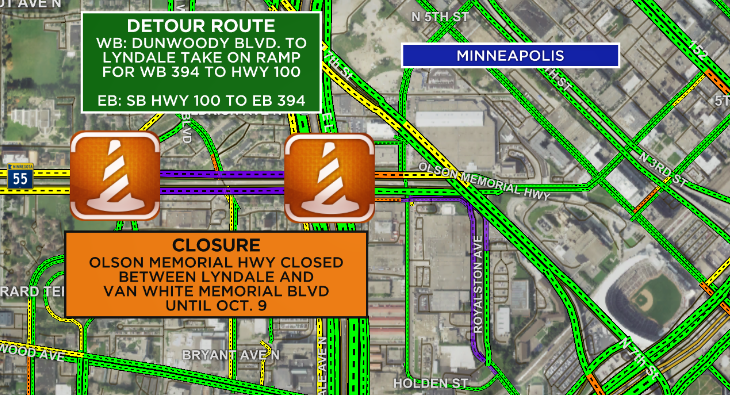 kstptraffic's tweet photo. MINNEAPOLIS - All lanes of Olson Memorial Hwy are closed between Lyndale and Van White Memorial Blvd. until October 9.

For more information on the project and detour routes:
https://t.co/hya22D9GsZ

#MNtraffic #MNconstruction @KSTP https://t.co/EXeKXK3DQZ