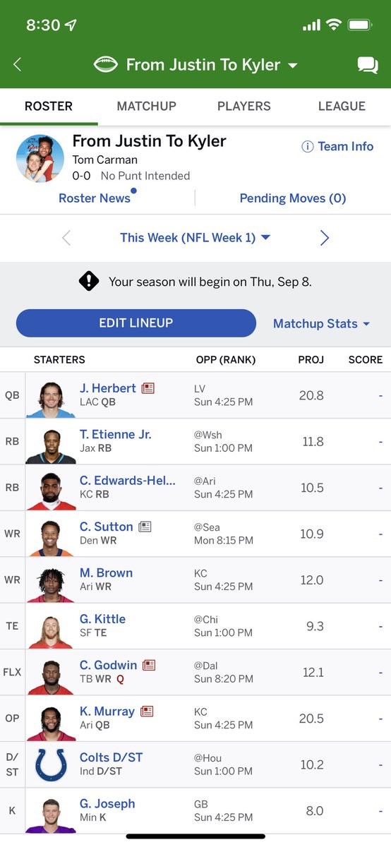 Tom_Carman's tweet photo. @daverichard Grade my draft (and team name/photoshop skills)! $200 salary cap, Super flex, 1/2 ppr with one protect. I protected Etienne for $6 https://t.co/kbJU8rqfiV