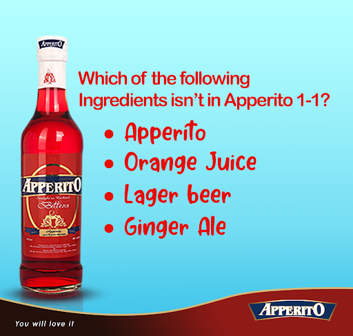Apperito_ng's tweet photo. We recommend Apperito 1-1 , if you’re looking for a way to relax and kick back . Can you guess the ingredient that doesn’t belong to the Apperito 1-1 recipe.

#Apperito #ApperitoNigeria #ApperitoMix
#ApperitoCocktail #YouWillLoveIt https://t.co/LXhRCd4eaa