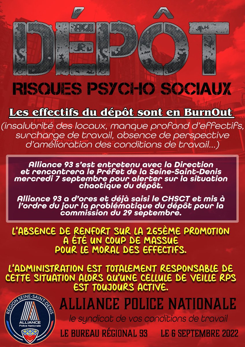 ALLIANCE_93's tweet photo. Dépôt de Bobigny 
⚠️ Risques Psychosociaux ⚠️

Burn Out dans le service pour causes :

➡️ Insalubrité des locaux 
➡️ Manque d'effectifs
➡️ Surcharge de travail 
➡️ Aucune perspective d'amélioration des conditions de travail 

#RPS
#CHSCT

@prefpolice
@GDarmanin https://t.co/30oUOoFSMu