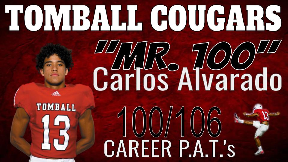 FootballTomball's tweet photo. Big milestone for @CAlvarado110 last Friday night as he successfully kicked P.A.T. #100 for his career! #fhfT https://t.co/WqibKLDnba
