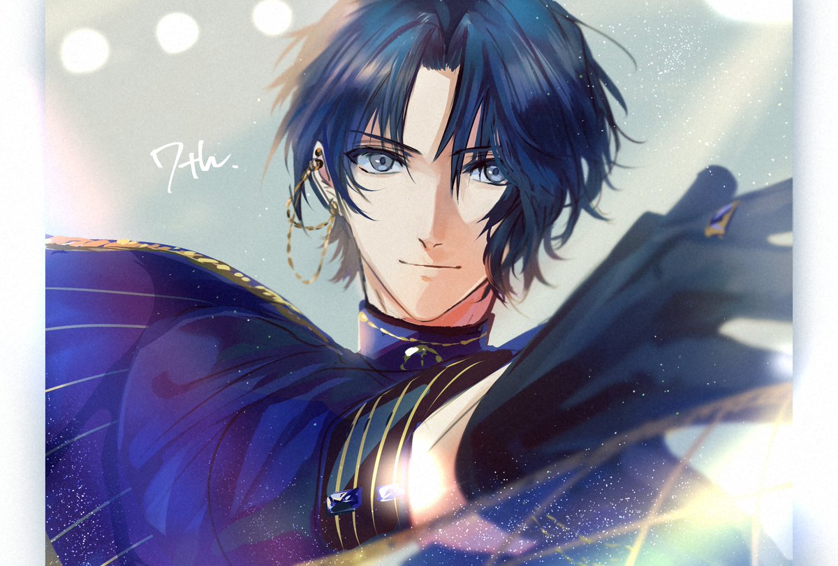 1boy male focus solo gloves blue hair jewelry smile  illustration images