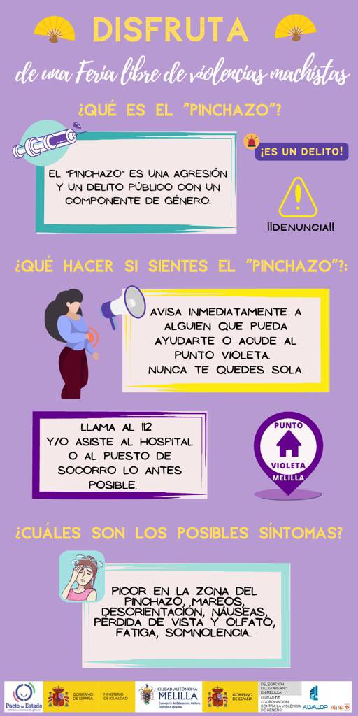 El #PuntoVioleta en la #FeriadeMelilla prestará especial atención a los “pinchazos”💉o posibles casos de sumisión química 💊

🛑Debemos pararlo tod@s junt@s🛑

<a href="/igualdadmelilla/">igualdadmelilla</a> <a href="/FestejosMelilla/">Festejos Melilla</a> <a href="/UnidadContraVG/">Unidad Contra la Violencia de Género Melilla</a> 

Si necesitas más info ⬇️