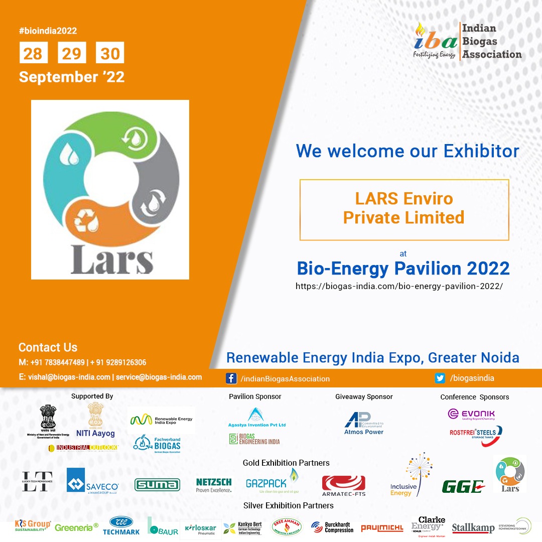 biogasindia's tweet photo. We welcome our Exhibitor 'Lars Enviro Pvt. Ltd.'
For more information, please contact us at +91 7838 447 489 or write to us at vishal@biogas-india.com or visit our website at https://t.co/IajhI0Uc2F
#bioindia2022 #wastetoenergy #biogas #aatmanirbharBharat #biocng #wastetohealth https://t.co/DeWsKKXgJY