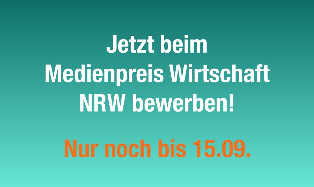 #Medienschaffende aufgepasst: Einreichungen zum MEDIENPREIS WIRTSCHAFT NRW 2022 noch bis zum 15. September möglich
Preisgelder für den #Journalistenpreis: mehr als 25.000 Euro.
Alle Infos unter: medienpreis.nrw