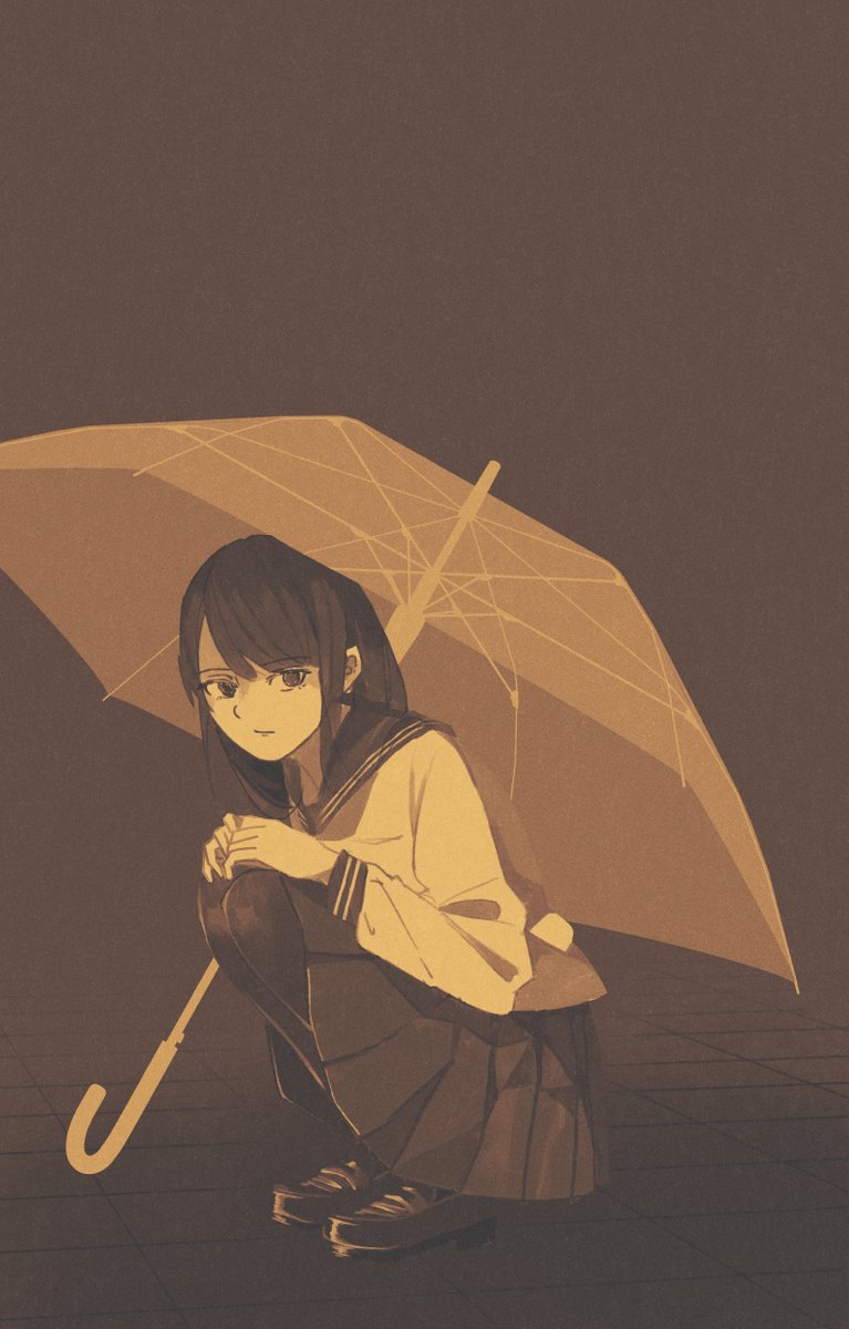 1girl solo umbrella skirt squatting school uniform long hair  illustration images