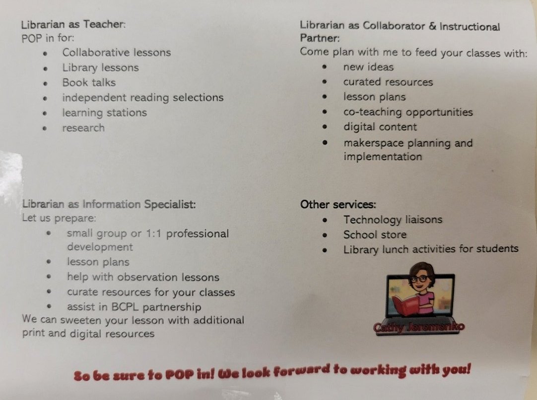 cougarslibrary's tweet photo. Just a reminder to @CatonsvilleMS staff about what's poppin' with #bcpslms! #CMSGameOn https://t.co/b0kvwGZECl