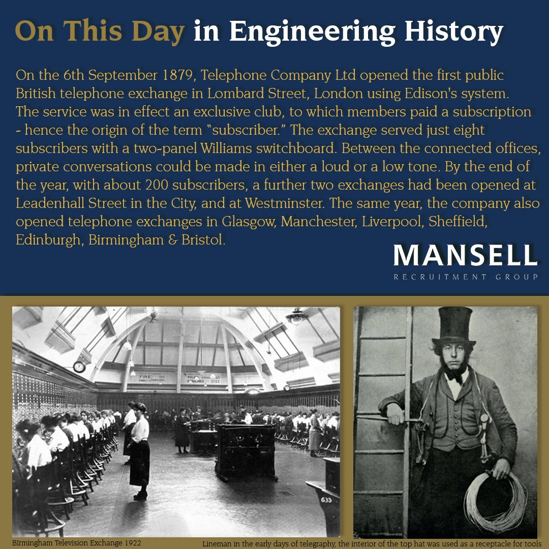 mansellrec's tweet photo. On This Day in Engineering History - On the 6th of September 1879 the FIRST telephone exchange was opened in Lombard Street, London. Paving the way for a #connected world!

#onthisdayinhistory #onthisday #london #BT #telephony #history #historylovers #recruitment https://t.co/LYW7pqxNUt