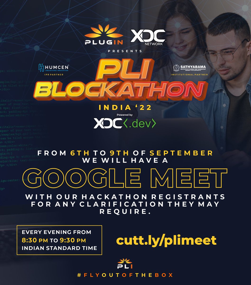 GoPlugin's tweet photo. Participants seeking clarity from registration to the idea submission or anything related to the projects, please join us every evening from 6th to 9th Sep between 8:30 pm to 9:30 pm IST on the following meeting link.
https://t.co/URqXWXmn0f
#XDC
#PLI
#PLIBlockathon22
#INDIA https://t.co/D6YSrl202a
