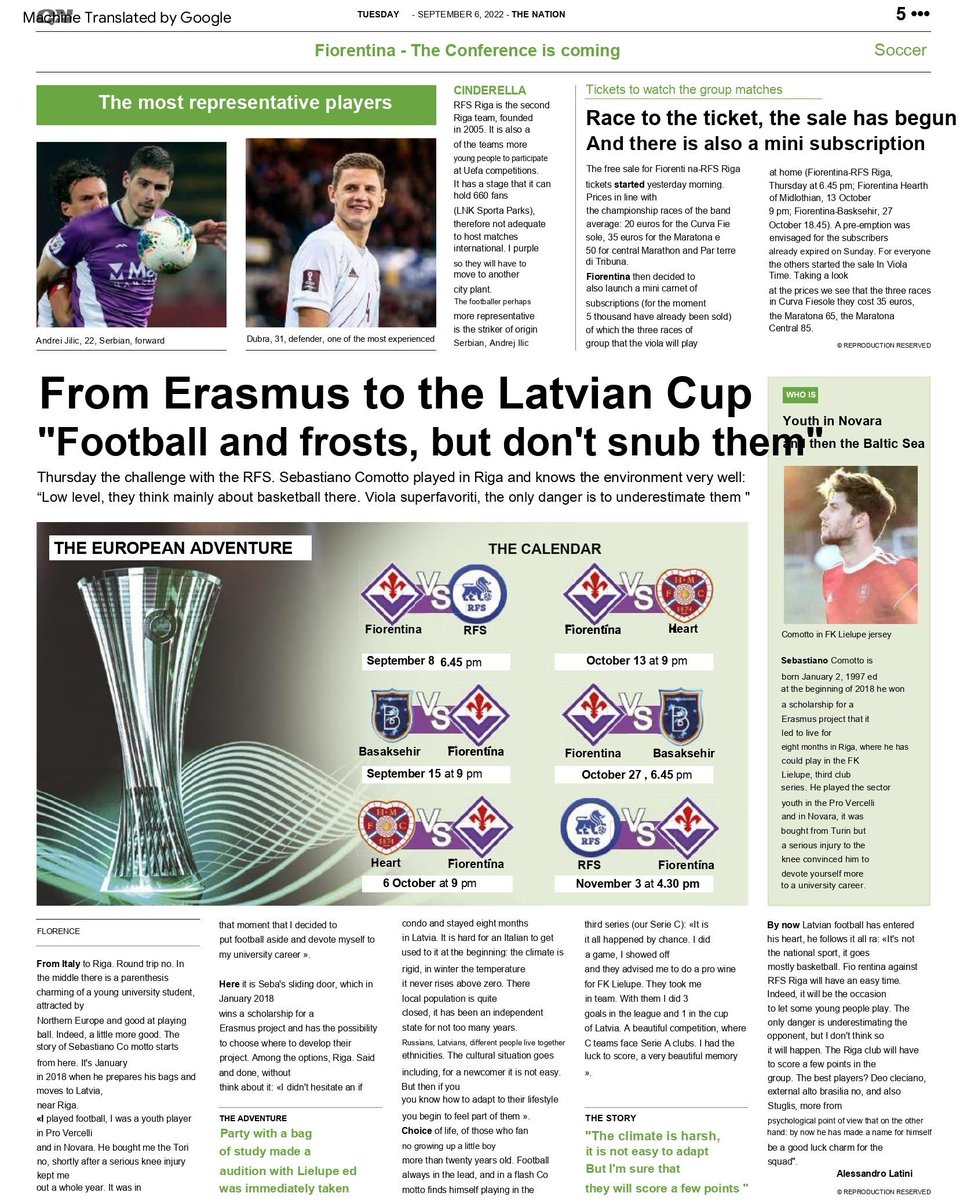 FKLielupe's tweet photo. Pirms gaidāmās UEFA Konferences līgas spēles starp Fiorentina un RFS, lielākais Florences laikraksts La Nazione (@qn_lanazione) apjautāja mūsu bijušo futbolistu Sebastiano Komoto. 😏

Viņa pārdomas par pavadīto laiku Latvijā un gaidāmo spēli lasi zemāk.👇🏼 https://t.co/0Jiwse1bQa