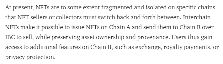 Rarma_'s tweet photo. I've mentioned Interchain NFTs a couple of times. The ability to transfer NFTs across IBC chains.

ICF snuck out an excellent article on the topic. Worth a couple minutes of your time to have a read.

Quite big for the NFT space.

https://t.co/VSFFjQ50lU https://t.co/1Rs9x3keKj