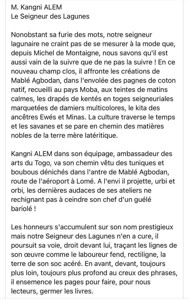 L’honneur ns échoit de vs présenter @KangniAlem, homme de lettres, écrivain, traducteur et critique littéraire togolais, qui a voulu bien gracieusement être l’ambassadeur attitré de cette magnifique collection PERLE. Au-delà d’être un artiste des mots, il est un féru de la mode.