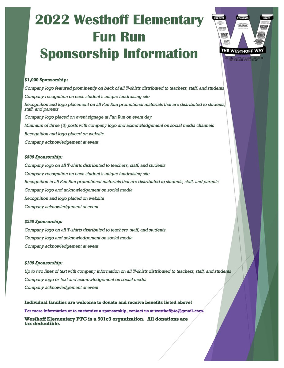 westhoffptc's tweet photo. Hello, we are looking for sponsorships for our fun run coming up! If you are interested in being a sponsor please let us know. We would love all the support we can get. https://t.co/T1dXJjuiK9