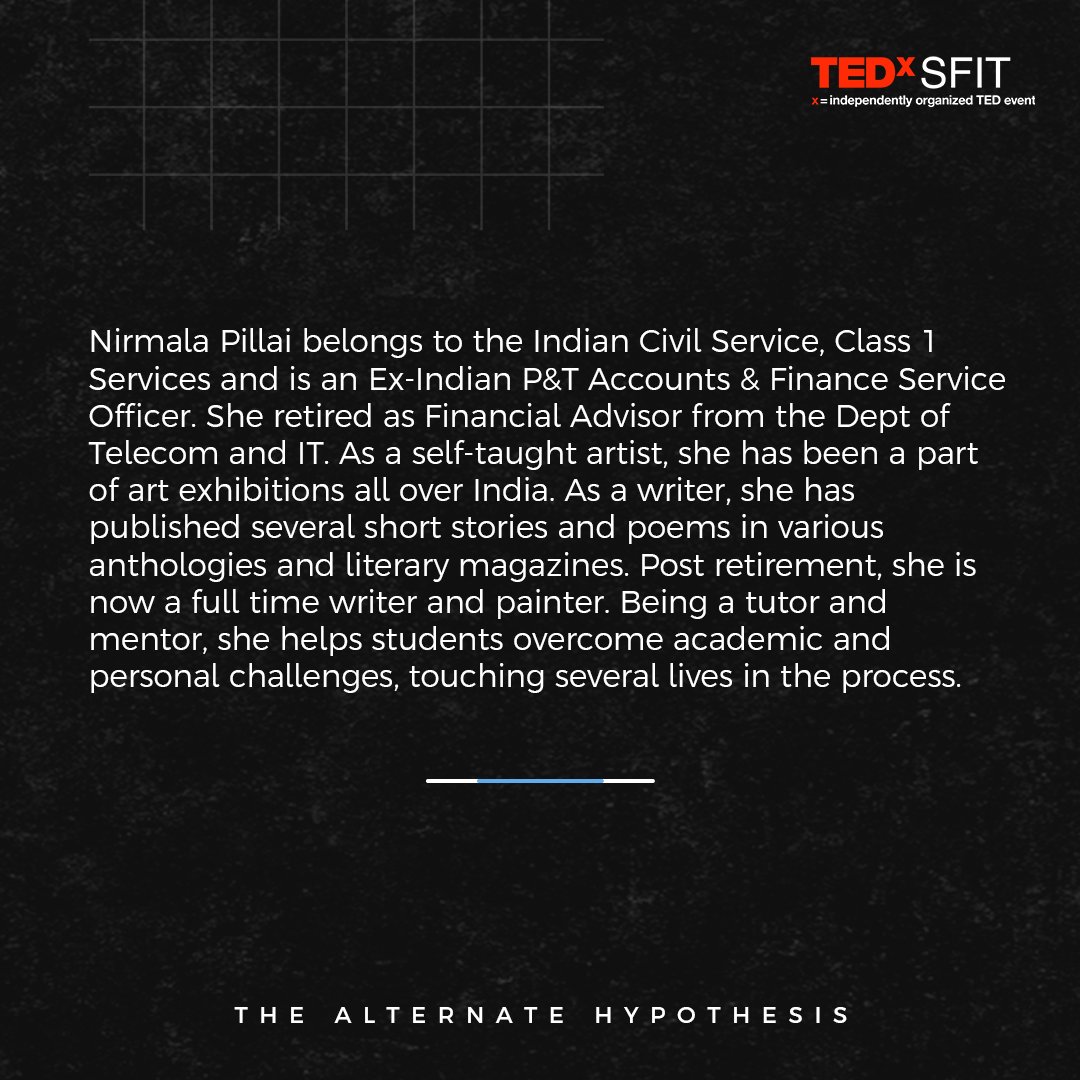TEDxSFIT is exhilarated to present our 1st speaker 
✨Ms. Nirmala Pillai✨

On top of being an ex-civil service officer Nirmala Pillai is also a self taught artist and a poet who tangibly designs concepts and ideas, drawing you into the secret world of art. 
 
#TEDxSFIT #TEDx
