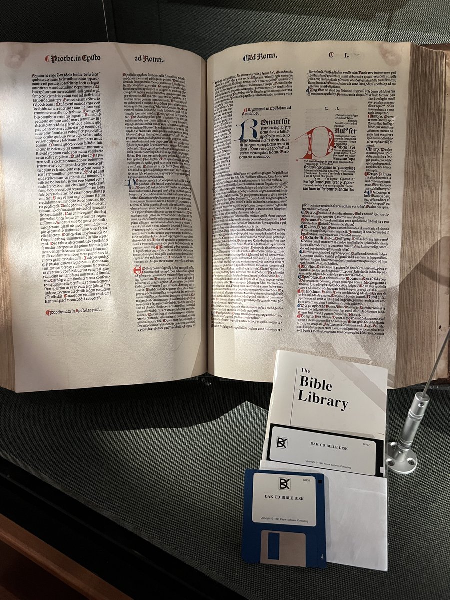 boadams01's tweet photo. We are currently installing our next exhibition @PittsLibrary, which includes this Vulgate from 1480 and this Bible software from 1991. Oddly, the software feels much, much older. https://t.co/0dqYFXew4E