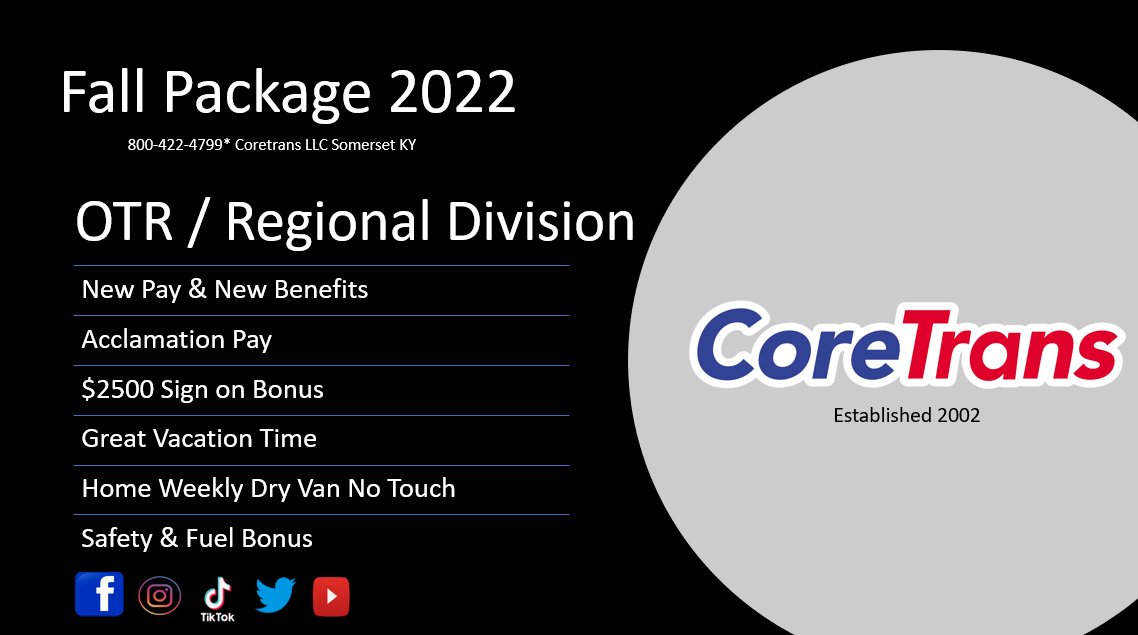 CoreTransLLC's tweet photo. GOOOOD MORNING! We Are so Excited to Get this BIG NEWS Out!!!
Coretrans has Released a New Pay Package right in Time to Kick off Fall! See Pictures for More Details! 800-422-4799
#teamcoretrans #newpaywhodis #CDLA #Kentucky #homeweekly #signonbonus https://t.co/N67nnpvGzU