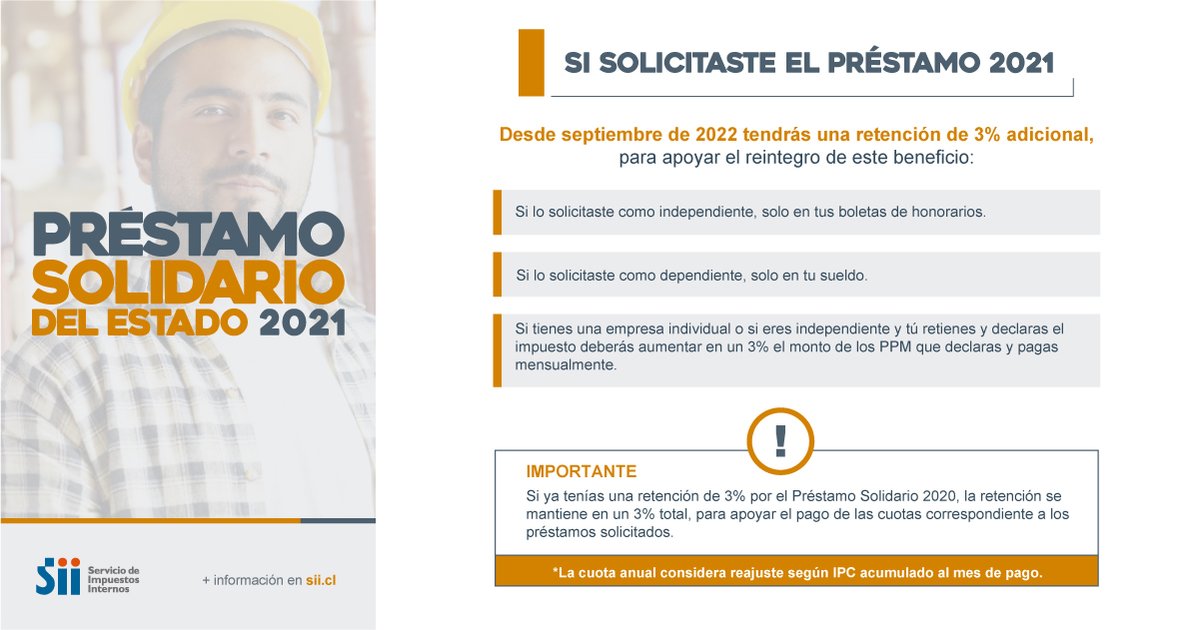 SII_Chile's tweet photo. [RETENCIÓN DEL 3% ADICIONAL PARA APOYO PAGO PRÉSTAMO SOLIDARIO 2021]: Si solicitaste este beneficio, ten en cuenta lo siguiente. Más detalles en: https://t.co/JplVlulZgH https://t.co/g0tnVBZwGg