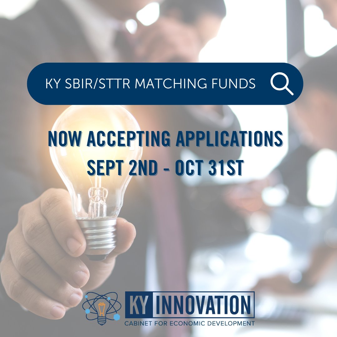 kyinnovation's tweet photo. ATTENTION #INNOVATIVE #STARTUPS! 🚀🚀
APPLICATIONS ARE NOW BEING ACCEPTED for KY's SBIR/STTR Matching Funds Award Program!
✉For More Info Contact: sbir@kyinnovation.com 
🔗To Apply Visit: https://t.co/hj6Xqr1iJ0
#teamkentucky #funding #statematch #funding #research #innovation https://t.co/Vby4qO4lXe