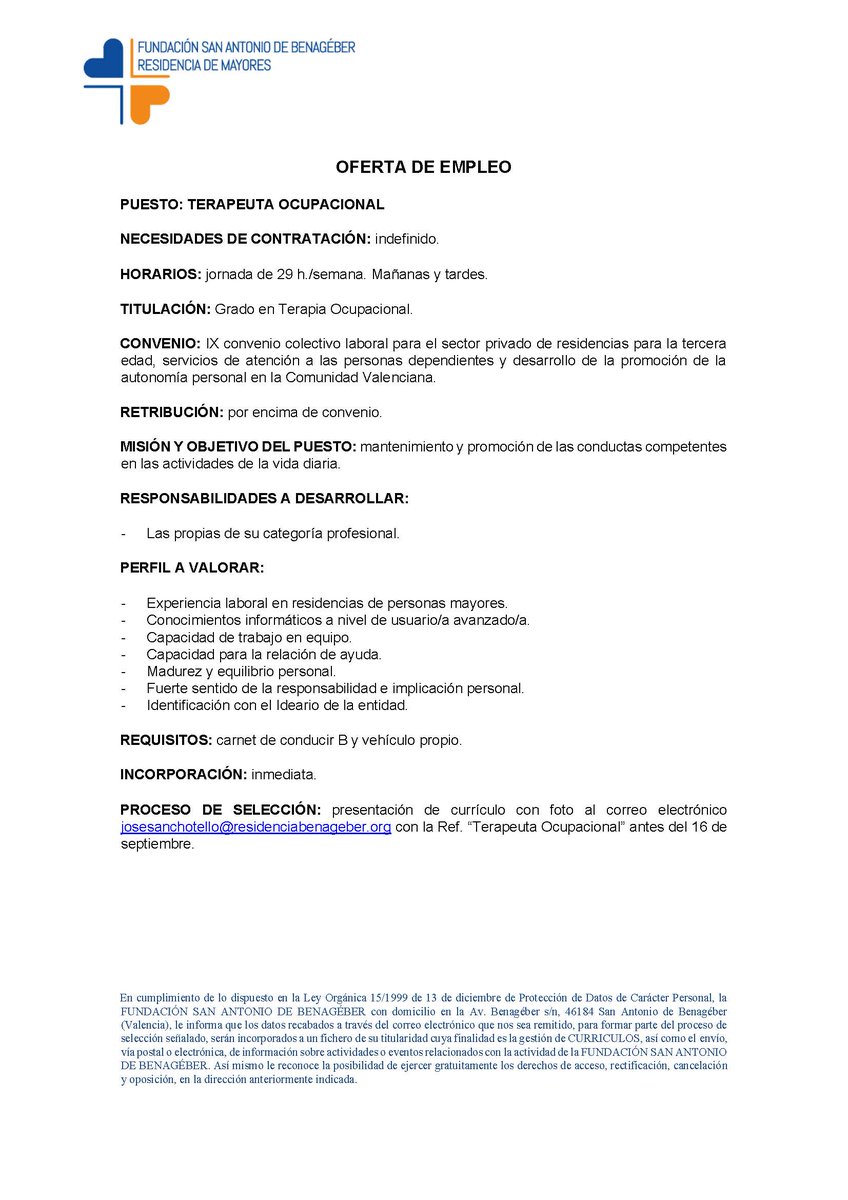ResidenciaSAB's tweet photo. Os dejamos esta oferta de empleo por si es de vuestro interés. 👍 https://t.co/v3aYjsbqfP