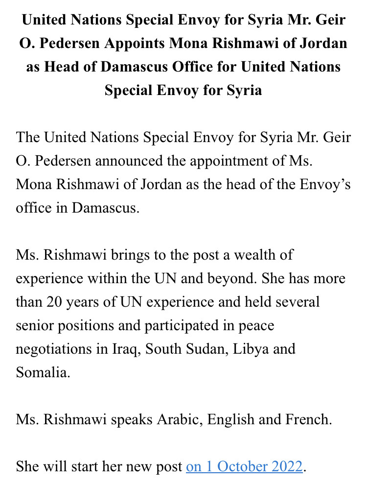 UN Special Envoy @GeirOPedersen announced the appointment of Ms. Mona Rishmawi of #Jordan as the head of the Envoy’s office in #Damascus.