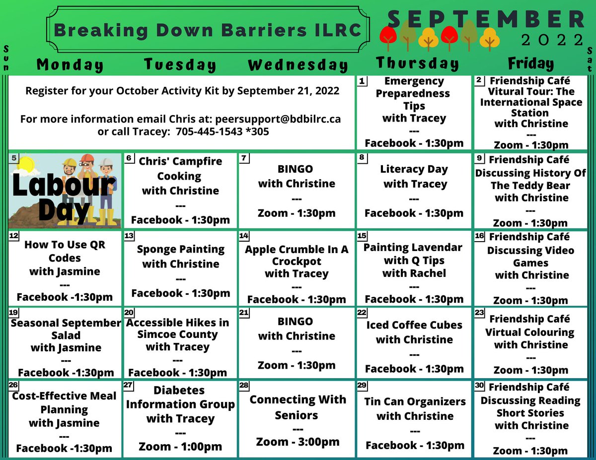 BDB's program activity calendar for September has something for everyone.