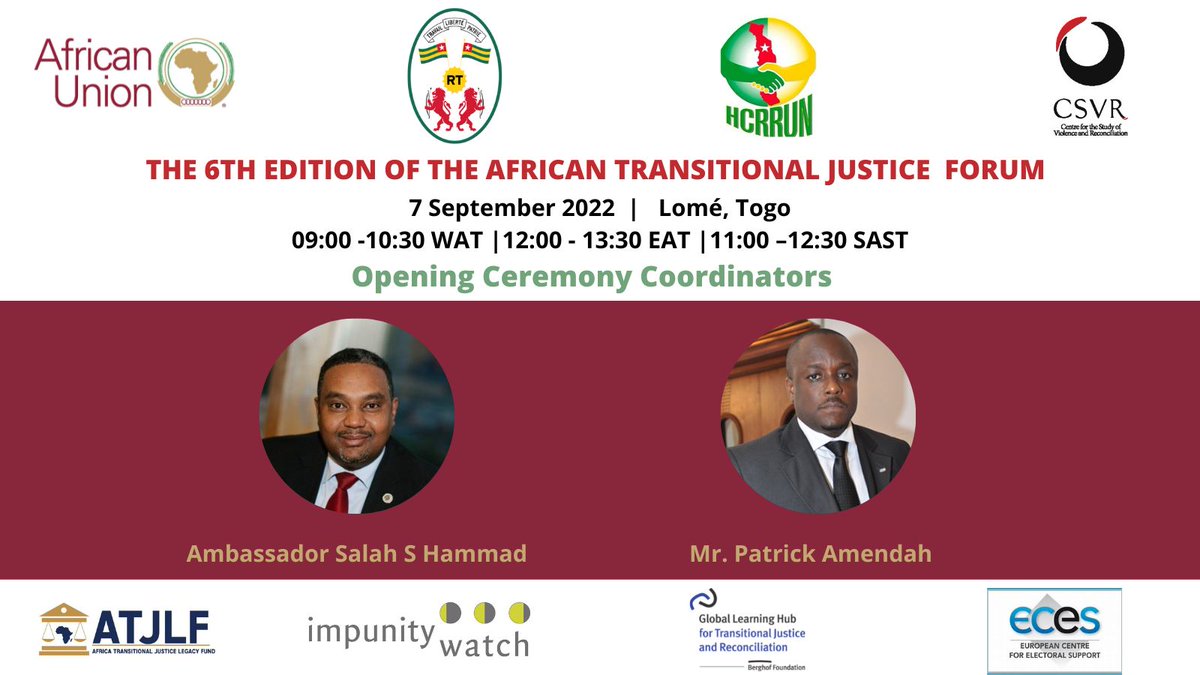 _CSVR's tweet photo. The 6th African Transitional Justice Forum will begin promptly at 9:00am (WAT) tomorrow with an opening ceremony led by Ambassador @shammad100 and Mr. Patrick Amendah
Register in advance to attend the #ATJF2022 virtually: https://t.co/PoqlokS2te https://t.co/rP7PAuuy90