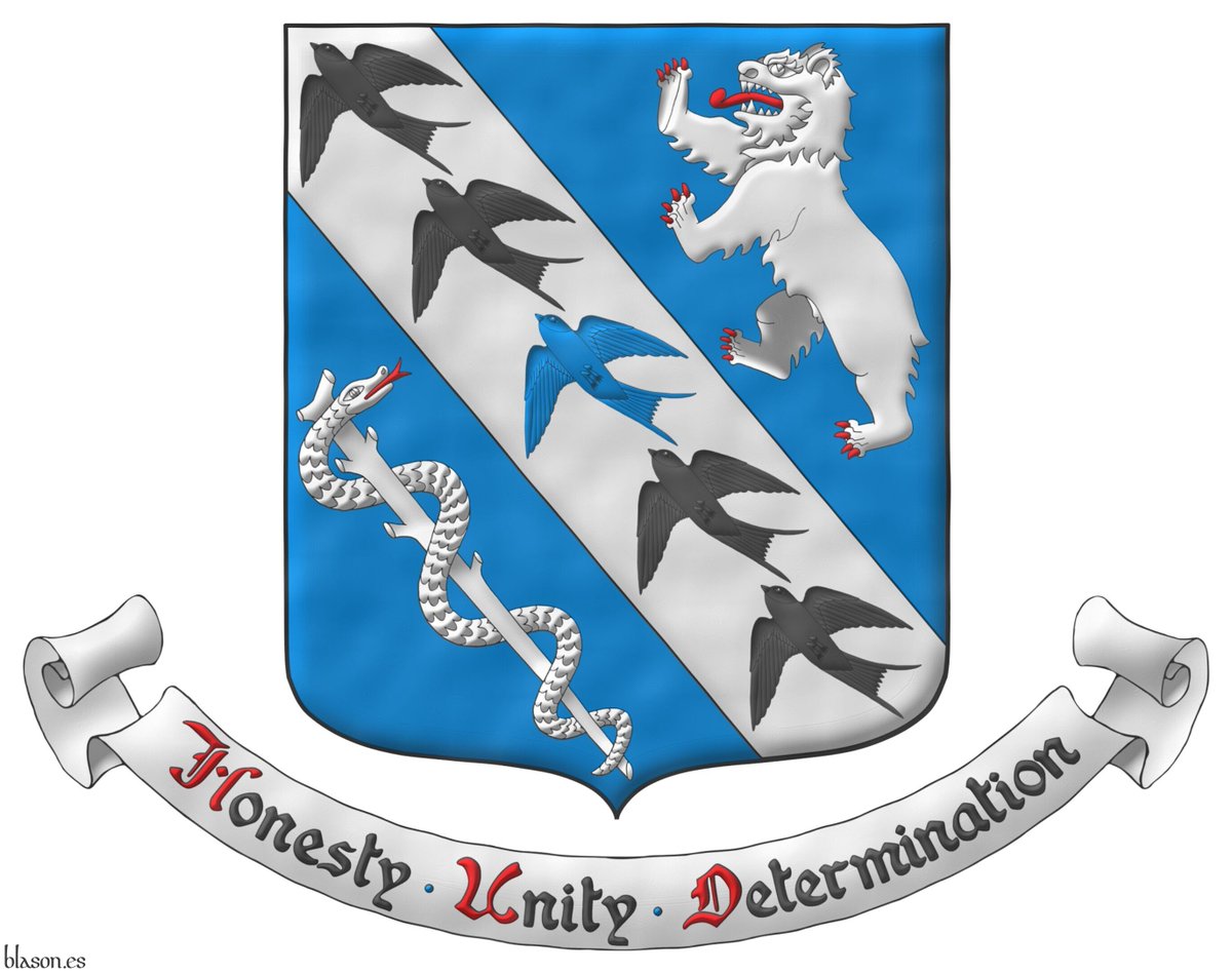 ntoniosalmeron's tweet photo. The coat of arms of Snunit Dovi Schwartz's family, designed by them and me and emblazoned by me.
#Bend #Between #Bear #Rampant #Armed #Langued #Rod #Aesculapius #Bendwise #Swallow #Volant #Fess point #Motto #Depicted #Scroll https://t.co/kaF2tu7fAS
