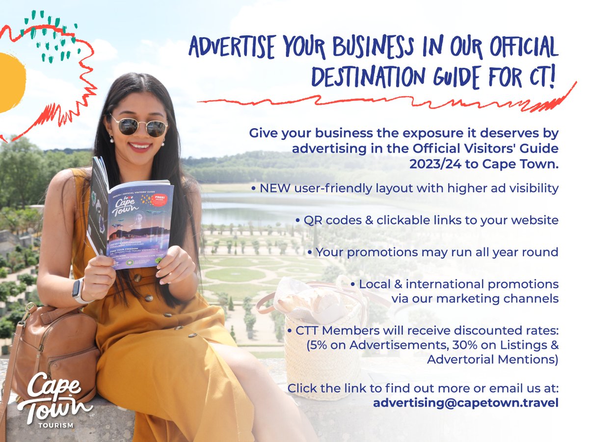 Advertise your business in our 2023/2024 edition of our Visitors' Guide. The annual guide offers a new user-friendly layout with higher ad visibility and CTT Members will receive discounted rates. 

Email us at advertising@capetown.travel or visit 
members.capetown.travel/visitors-guide…