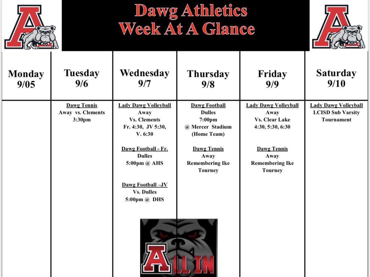 Be sure to get out and support your DAWGS this week! Not a lot on campus, but close enough to see some action! They are all working hard! #ALLIN ❤️🖤 🏐🎾🏈 @SFAHS_Bulldogs @FBISDAthletics
