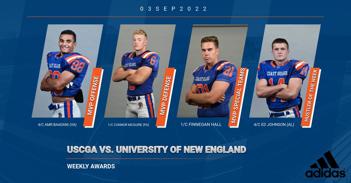 USCGA_Football's tweet photo. Not the result we wanted on Saturday but the @CGA_Football brothers battled right down to the wire.  Congratulations to 4/c Baadani and Johnson, and 1/c Hall and McGuire who were recognized as our Weekly Award Winners. https://t.co/xZvfFjpzQk