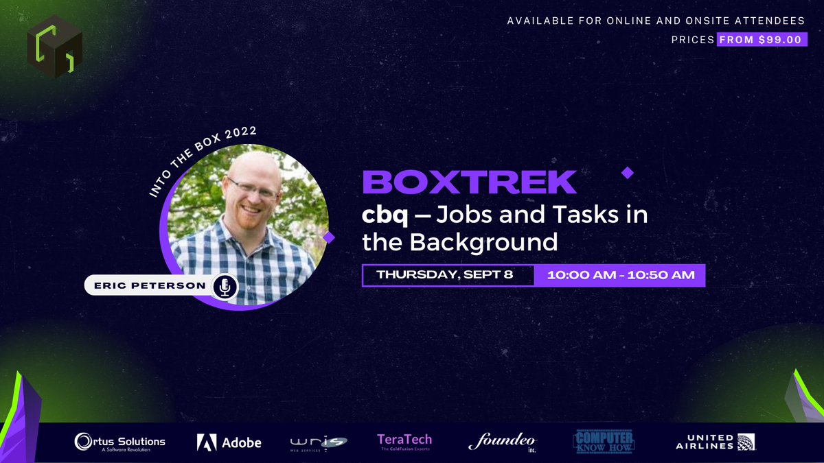 Into the Box this week - check out <a href="/_elpete/">Eric Peterson</a>: cbq Jobs and Tasks in the Background at 10:00 AM CDT in BoxTrek room: - #intothebox 2022 - Early Bird Virtual Tickets still available #cfml #coldfusion bit.ly/3AbSWrc