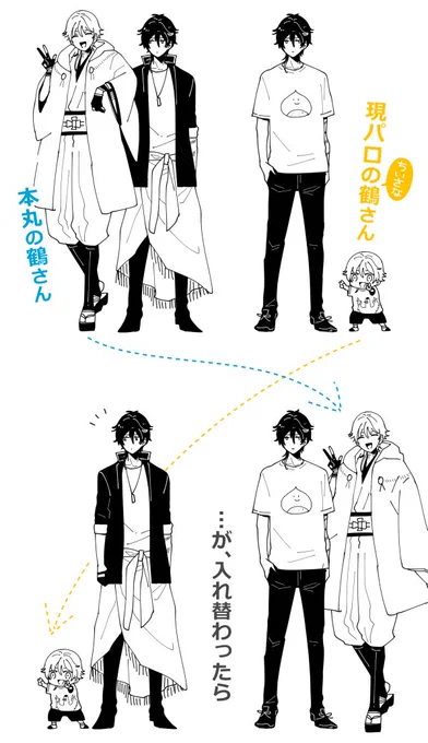 <うちの鶴さんと伽羅ちゃん>
再放送スペシャル⑤(1/2)

ちいさな鶴さんと本丸の鶴さんが入れ替わったら… 