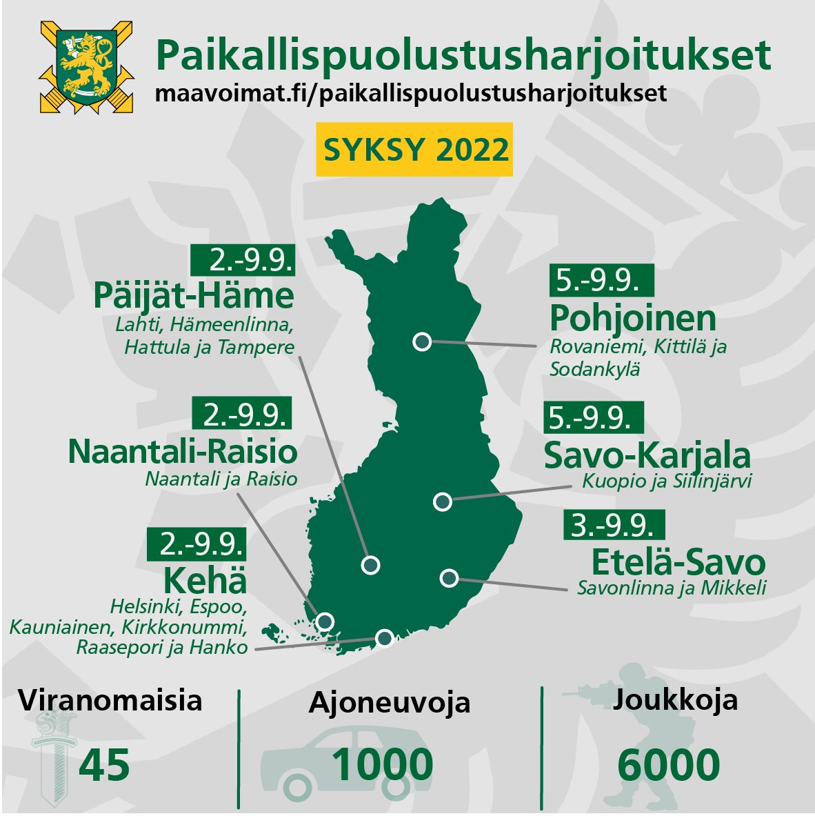 Local defence exercises are a foundation of 🇫🇮 defence: where local cross-actor cooperation is done and ultimately enables the rest of national defence to be effective. 
For fall 2022:
45 actors (official & NGOs)
1000 vehicles
6000 people
🧵 
#paikallispuolustus