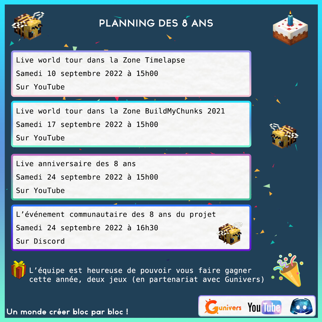 BuildMyWorld1's tweet photo. Ce mois-ci nous fêterons les 8 ans du projet ! Rendez-vous presque chaque samedi  pour les festivités et grâce à Gunivers nous aurons des choses à faire gagner !

En espérant vous voir nombreux à ces différentes dates,
Bon jeu à vous !

#anniversaire #buildmyworld #gunivers https://t.co/L4jAekINW9