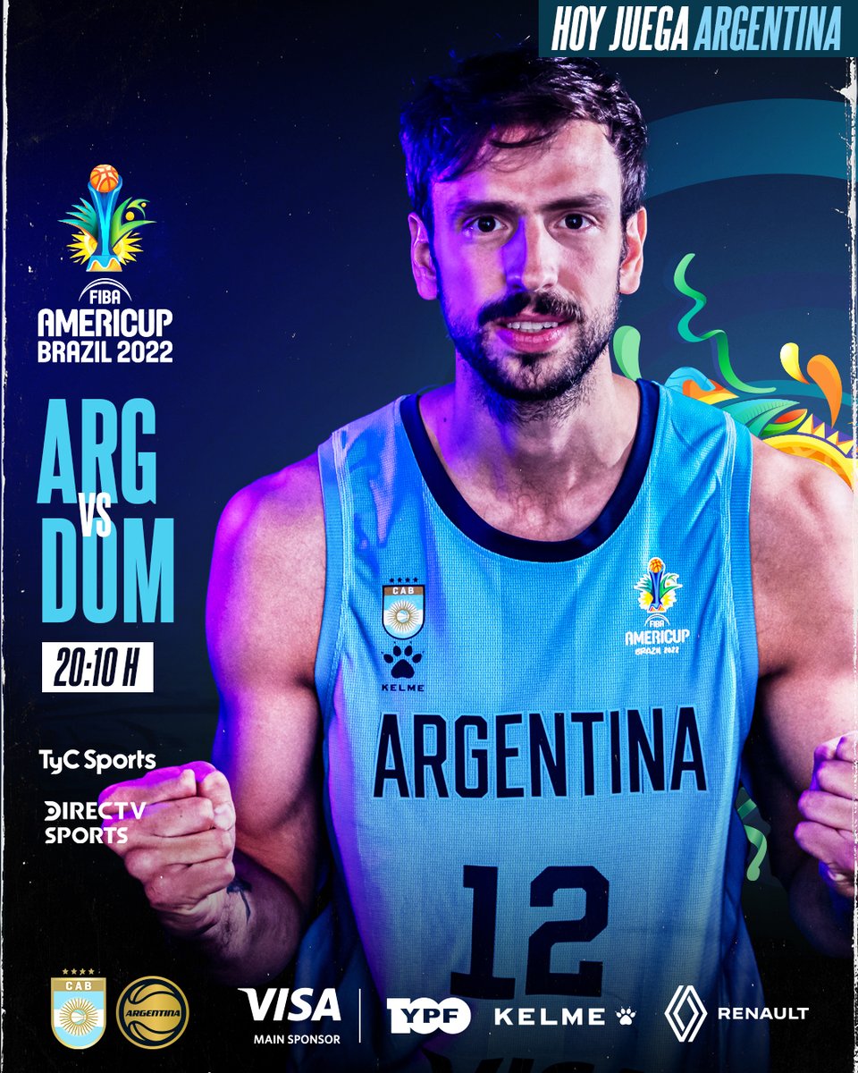 Argentina Básquet (@cabboficial) on Twitter photo 🇦🇷 ¡𝐇𝐎𝐘 𝐉𝐔𝐄𝐆𝐀 𝐀𝐑𝐆𝐄𝐍𝐓𝐈𝐍𝐀! 🇦🇷
🆚<a href="/RDBSeleccion/">Selección de Baloncesto de la República Dominicana</a>🇩🇴
🕥 A las 20:10
📺 TyC Sports y DirecTV Sports.
🏟️ Estadio Geraldo Magalhaes🇧🇷
📝 Tercera jornada del grupo B de la <a href="/AmeriCup/">FIBA AmeriCup</a> de Recife🇧🇷
#VISAMAinSponsor <a href="/renaultarg/">Renault Argentina</a> <a href="/ypfoficial/">ypfoficial</a> <a href="/kelmeargentina/">KELME Argentina</a> 🇦🇷 ¡𝐇𝐎𝐘 𝐉𝐔𝐄𝐆𝐀 𝐀𝐑𝐆𝐄𝐍𝐓𝐈𝐍𝐀! 🇦🇷
🆚<a href="/RDBSeleccion/">Selección de Baloncesto de la República Dominicana</a>🇩🇴
🕥 A las 20:10
📺 TyC Sports y DirecTV Sports.
🏟️ Estadio Geraldo Magalhaes🇧🇷
📝 Tercera jornada del grupo B de la <a href="/AmeriCup/">FIBA AmeriCup</a> de Recife🇧🇷
#VISAMAinSponsor <a href="/renaultarg/">Renault Argentina</a> <a href="/ypfoficial/">ypfoficial</a> <a href="/kelmeargentina/">KELME Argentina</a>