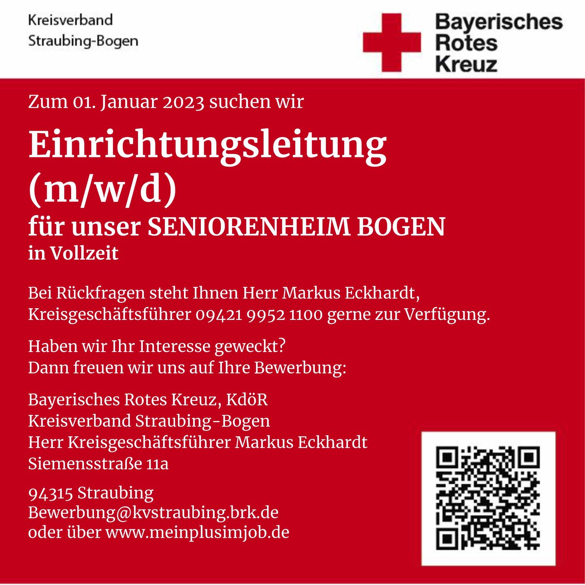 StraubingBrk's tweet photo. Zum  01. Januar 2023 suchen wir 
Einrichtungsleitung (m/w/d)
für unser Seniorenheim Bogen 
in Vollzeit 
Bewerbungen über https://t.co/qBe6A9LqRP https://t.co/JFOXTTTMqG
