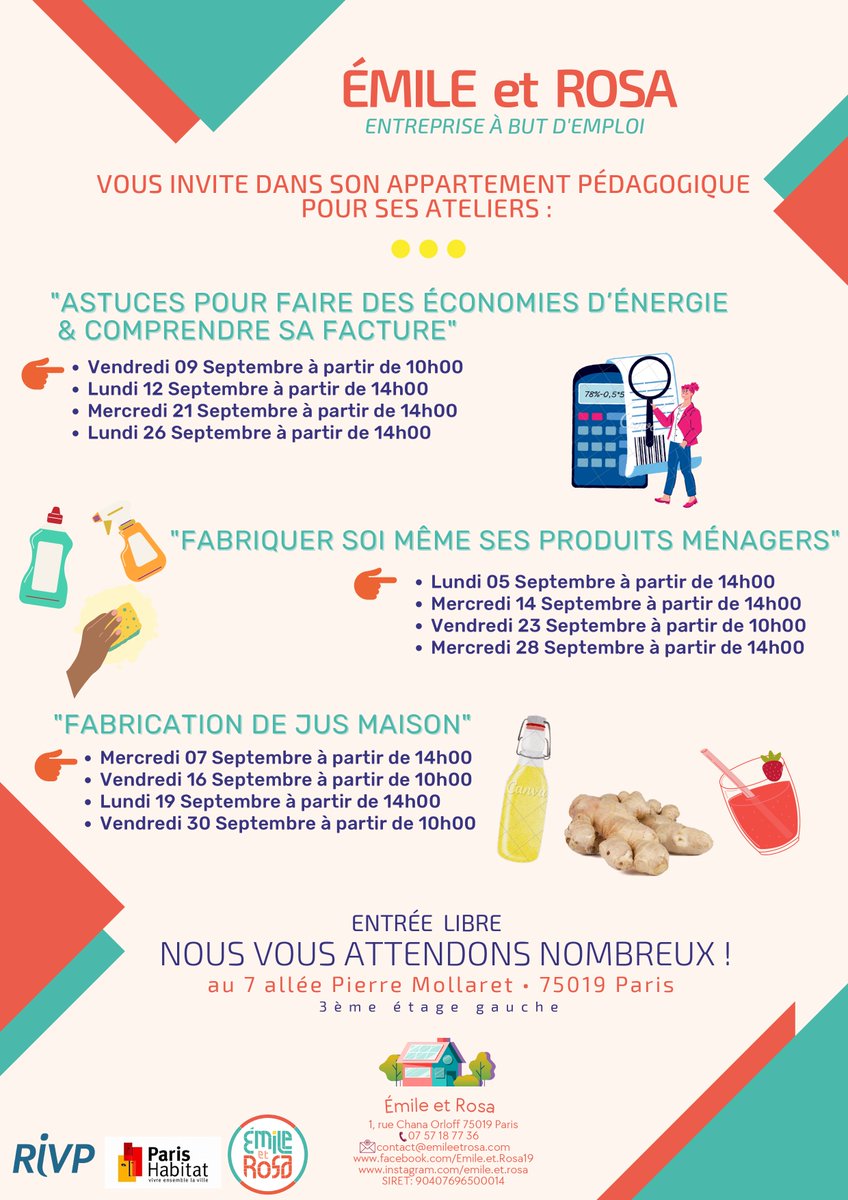 Les ateliers d'Emile &amp; Rosa reprennent :
- lundi 12/09 14h : astuces sur les économies d'énergie
- mercredi 14/09 14h : fabrication de produits ménagers
- vendredi 16/09 10h : fabrication de jus maison.
🎟Gratuits &amp; accessibles à tou.te.s
📍7 allée Pierre Mollaret 3e étage gauche