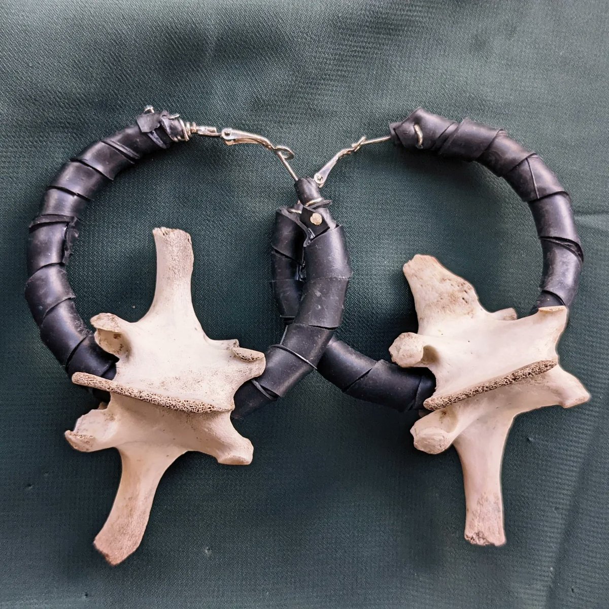 _feraline_'s tweet photo. Foraged animal bone hoop earrings ~ made with sheep vertebrae + reclaimed inner tube rubber / fox vertebrae + yarn 🌿 https://t.co/mm3LkJugti 

#foragedbones #bonejewellery #animalbones #vultureculture #foragedandfound #crueltyfree #forestfloorfinds #hedgewitchery  #boneearrings https://t.co/qxFybgnG0x