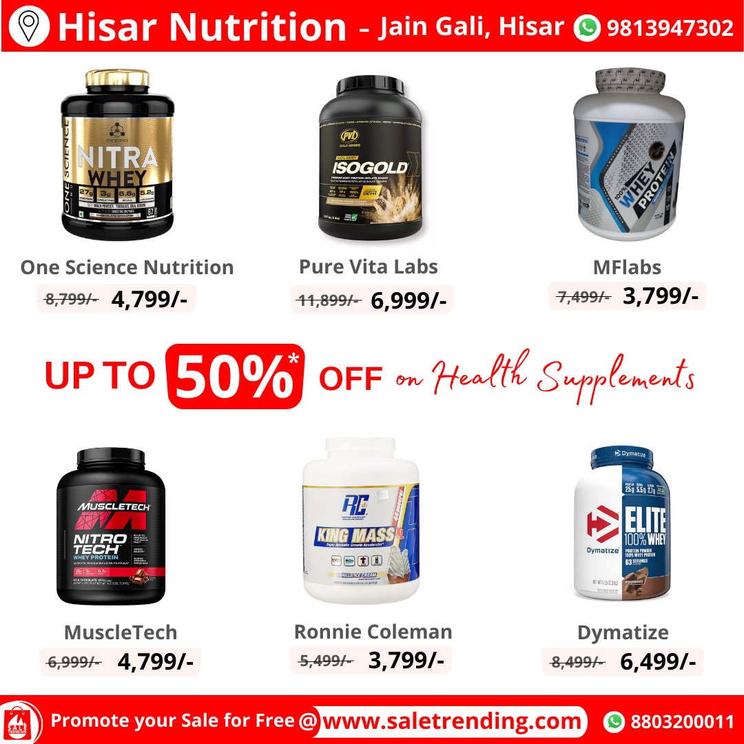 SaleTrending's tweet photo. Grab upto 50% Off on Health Supplements at 'Hisar Nutrition', Hisar.
.
Click the store link below👇to check all offers 🛍️
.
https://t.co/1FJWYV8Hyh
.
#onesciencenutrition #purevitalabs #isogold #nitrotech #nitrotechprotein #nitrowhey #mflabs #wheyprotein #muscletech https://t.co/v4TiblU73b