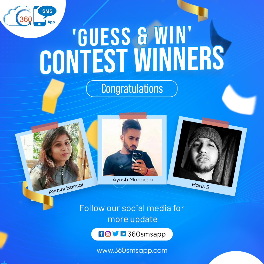 360SMSApp's tweet photo. Congratulations to the 'Guess and Win' winners.
Enjoy the moment and thank you for participating.
*****
Team #360SmsApp
W: https://t.co/dXUOSAYAwU
**********
#smsappforsalesforce
#salesforceSMS #salesforcemessagingapp https://t.co/HSGfjtE93s