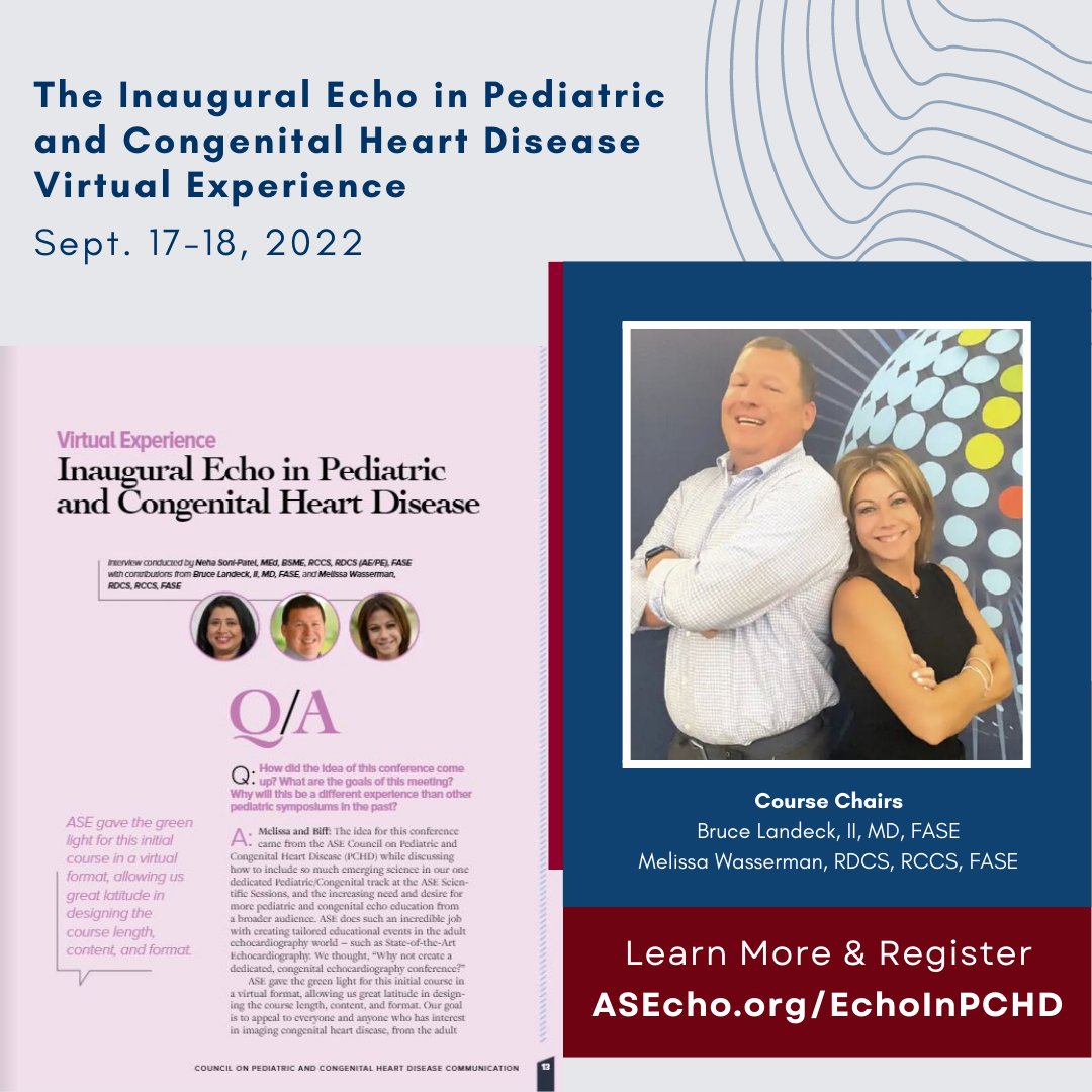 American Society of Echocardiography (@ase360) on Twitter photo The Inaugural Echo in #PCHD Virtual Experience is less than two weeks away! Learn more from Course Chairs <a href="/bifflandeck/">Biff Landeck</a> and <a href="/MelisWasserman/">Melissa Wasserman</a> in the August issue of #Echomagazine bit.ly/3q6TEkZ
#EchoFirst The Inaugural Echo in #PCHD Virtual Experience is less than two weeks away! Learn more from Course Chairs <a href="/bifflandeck/">Biff Landeck</a> and <a href="/MelisWasserman/">Melissa Wasserman</a> in the August issue of #Echomagazine bit.ly/3q6TEkZ
#EchoFirst