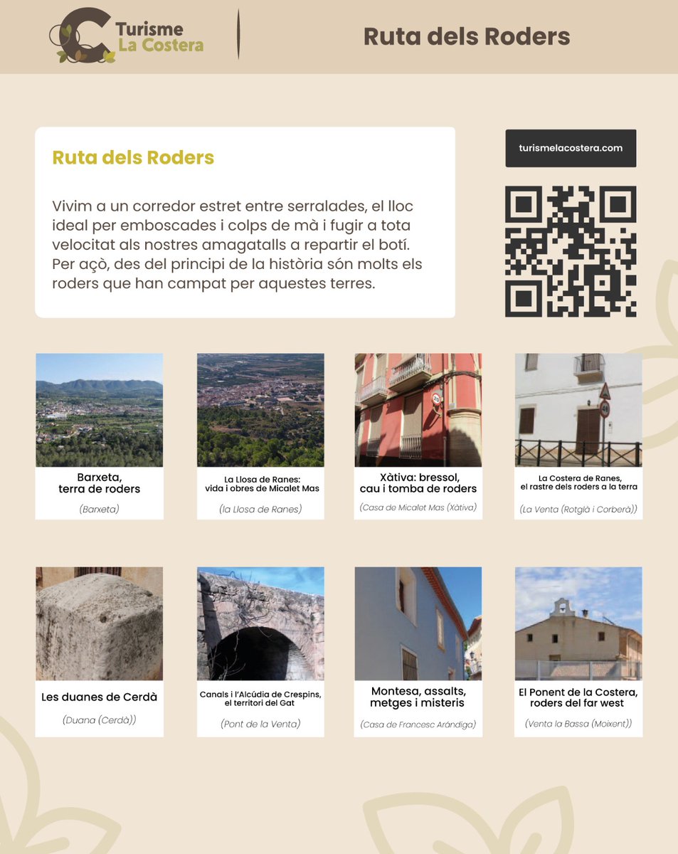 🗣️ Hui vos presentem la Ruta dels Roders de La Costera. 

👣 Una ruta que passa per diversos llocs de la comarca i que podeu fer tant a peu com en bici.

🔗 Podeu obtenir tota la informació en aquest enllaç: bit.ly/3D3v2RW