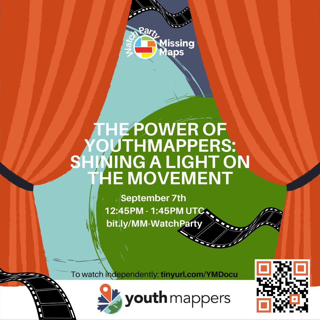 Missing Maps (@themissingmaps) on Twitter photo Get ready for the #MissingMaps Watch Party with <a href="/youthmappers/">YouthMappers</a> documentary - “The Power of YouthMappers: Shining a Light on The Movement”.
Join from 2:45PM to 3:45PM CET here 👉 bit.ly/MM-WatchParty
To watch independently or over and over 👇
tinyurl.com/YMDocu Get ready for the #MissingMaps Watch Party with <a href="/youthmappers/">YouthMappers</a> documentary - “The Power of YouthMappers: Shining a Light on The Movement”.
Join from 2:45PM to 3:45PM CET here 👉 bit.ly/MM-WatchParty
To watch independently or over and over 👇
tinyurl.com/YMDocu
