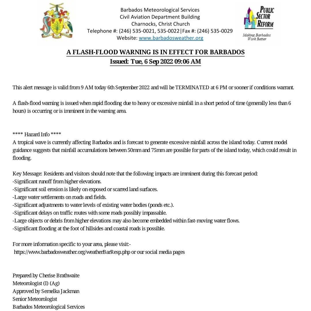 dem_barbados's tweet image. ⚠️𝗧𝗮𝗸𝗲 𝗡𝗼𝘁𝗲⚠️
⬇️

A tropical wave is currently affecting Barbados and is forecasted to generate excessive rainfall across the island today. 

𝑨𝒍𝒘𝒂𝒚𝒔 𝑩𝒆 𝑷𝒓𝒆𝒑𝒂𝒓𝒆𝒅!
#DEMBB
#Barbados
#DEMBarbados