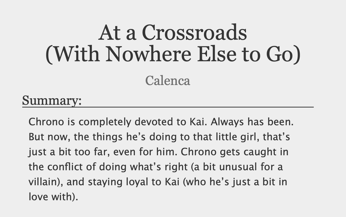 Here's my ChronoHaul piece for the <a href="/VillainsRising/">Villains Rising: A MVA Zine - ARCHIVED</a> Zine! If you love Chrono suffering (or just some good old fashioned unrequited love), give it a read!

archiveofourown.org/works/41537313