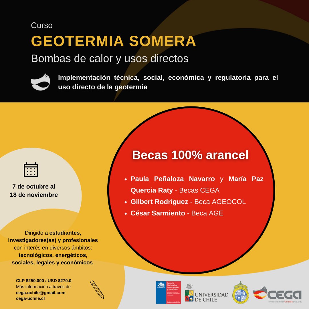 CEGA_uchile's tweet photo. 🔊 ¡Atención! Si tu nombre está en la lista, ¡ya eres parte del curso "Geotermia somera: Bombas de calor y usos directos"! Pronto recibirás un correo con la información pertinente.
#ChileNecesitaGeotermia #CentrosANID https://t.co/TQwWgiiSDb