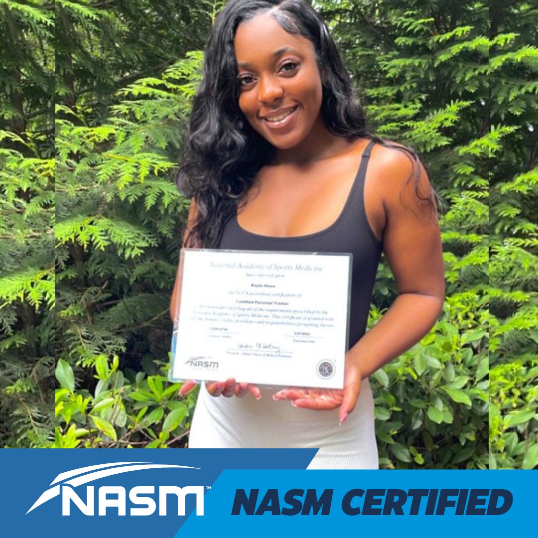 NASM's tweet photo. It's officially official! Kayla's dedication and hard work paid off and she is one of NASM's newest Certified Personal Trainers🎉 Drop a 💪 to welcome her into the NASM family! #iamacpt https://t.co/1hXXg1Gym7 https://t.co/0gXqArzsQD