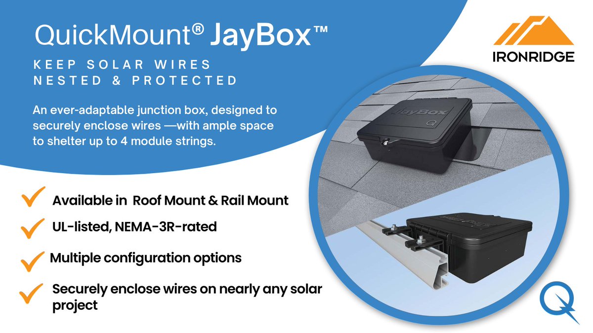 IronRidge's tweet photo. Did you know? JayBox™ is available in two options: Roof Mount and Rail Mount—so you can keep all your solar wires neatly nested and protected. To learn more, visit our JayBox page™ https://t.co/yusQUlrIPT
#ProtectTheNest #IronRidge #QuickMount #MakeSolarStronger #Solar https://t.co/AnbdFTFVts