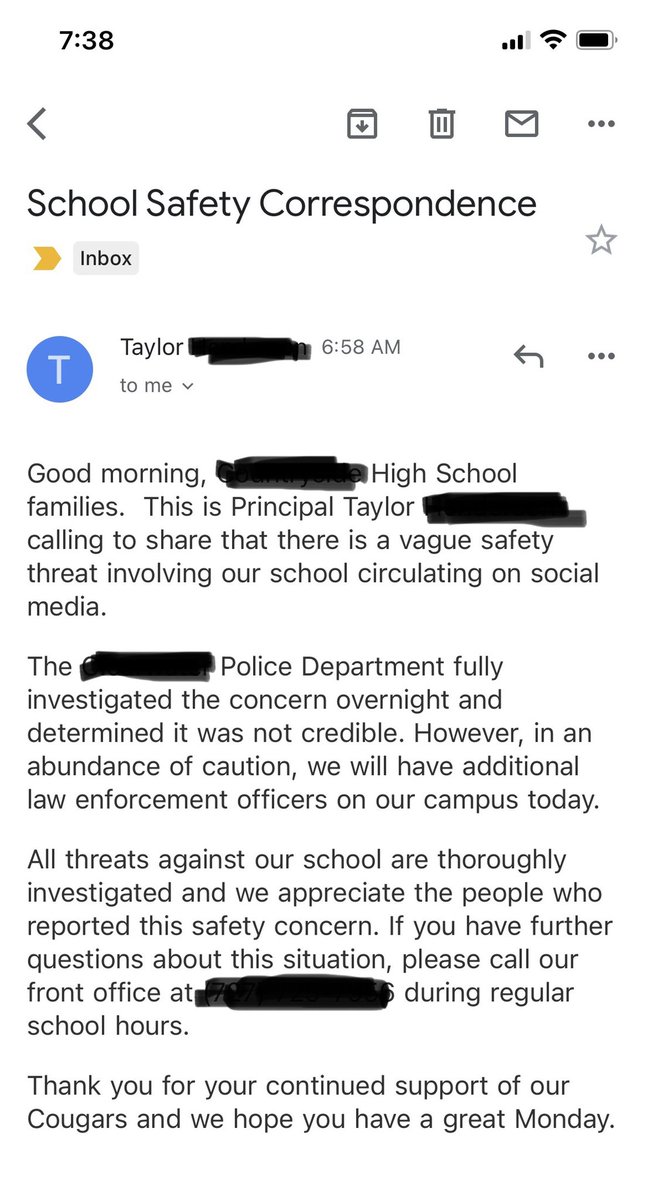 After my daughter saw several social media posts about it this morning, we got this message from her principal and had to decide in a matter of minutes if it was safe to send her to school today. This is freedom in America? 

We don’t have to live like this. <a href="/MomsDemand/">Moms Demand Action</a> #FlaPol