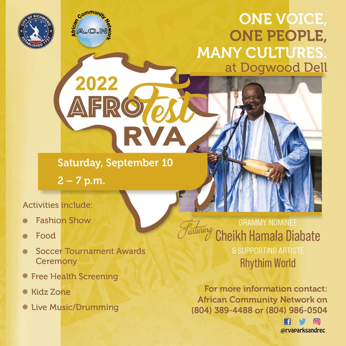 rvaparksandrec's tweet photo. Happening this Saturday is Afro Fest at Dogwood Dell! Join #PRCF, #OIRE, and the African Community Network as we close out the summer festival season with music, food, and much more! #RVA #festivals #DogwoodDell https://t.co/lpET3fW6Nh